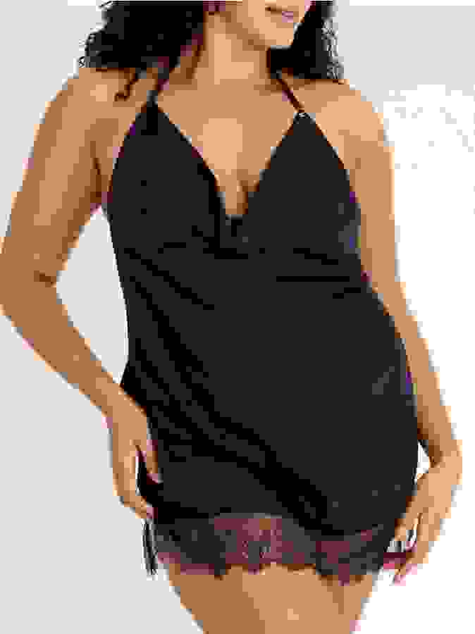 Lovehoney Plus Size Dark Orchid Navy Satin and Lace Chemise, Blue, hi-res